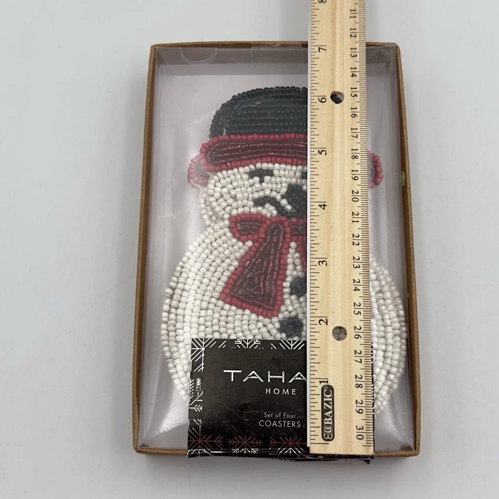 TAHARI Beaded Coasters Set Of 4 Snowman White Red Black‎ 6 Inches NIP